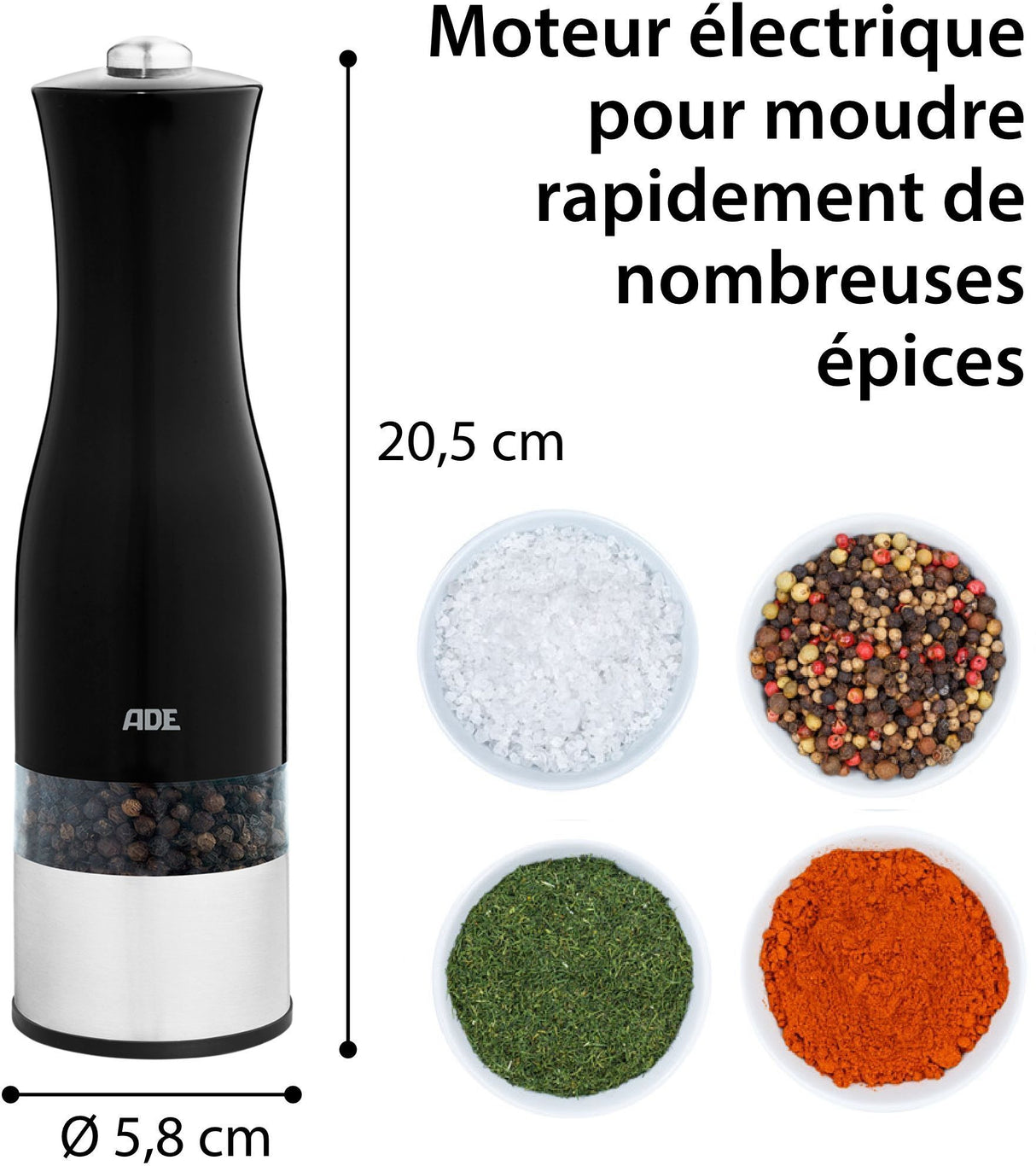 Moulin Poivre/Sel électrique - ADE -KITCHEN GADGETS - Acier inoxydable/plastique - H 22,5 cm - Inclus 6 pilles AAA - Noir