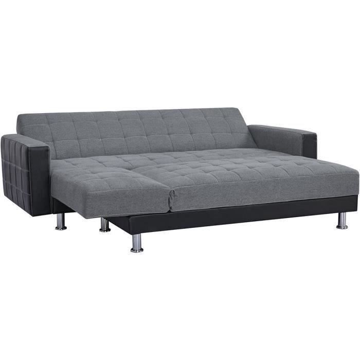 CanapÈ d'angle 3 places rÈversible - Tissu gris et simili noir - Pieds en acier - L 277 x P 157 x H 80 cm - IVANA