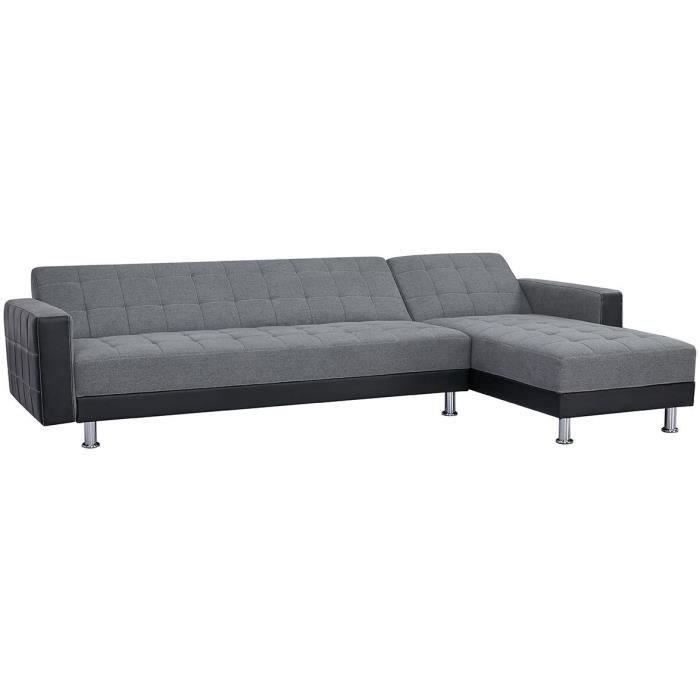 CanapÈ d'angle 3 places rÈversible - Tissu gris et simili noir - Pieds en acier - L 277 x P 157 x H 80 cm - IVANA