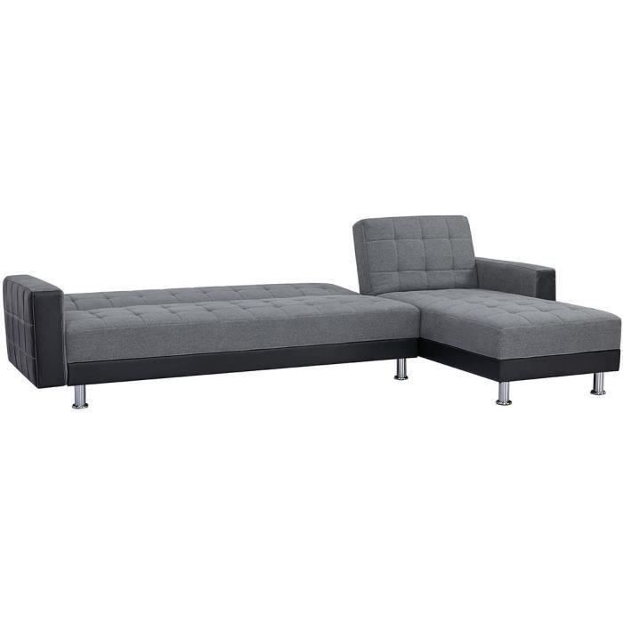 CanapÈ d'angle 3 places rÈversible - Tissu gris et simili noir - Pieds en acier - L 277 x P 157 x H 80 cm - IVANA