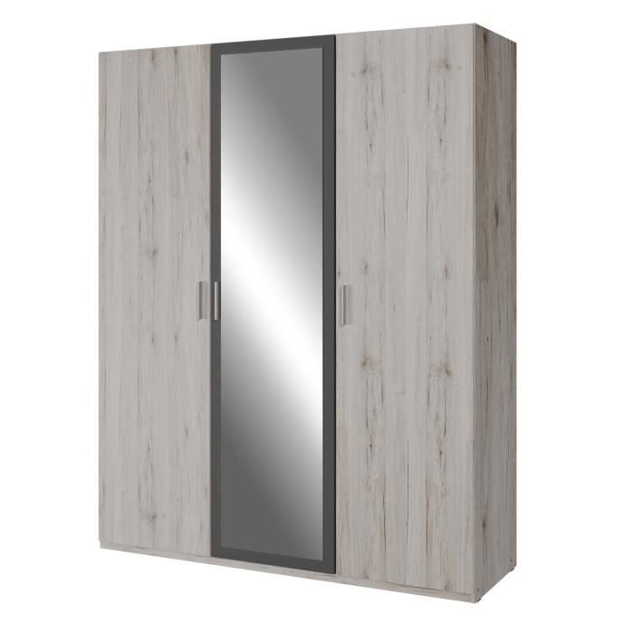 Armoire de chambre - ADRIA - Chene cendré / Gris foncé - 3 portes battantes - 1 miroir - L165,6 x P54,2 x H210,5 cm