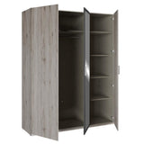 Armoire de chambre - ADRIA - Chene cendré / Gris foncé - 3 portes battantes - 1 miroir - L165,6 x P54,2 x H210,5 cm