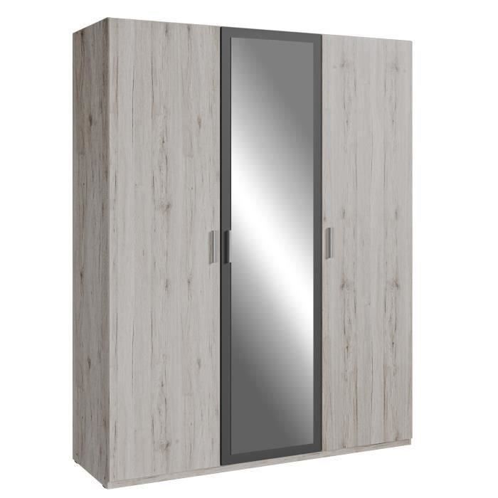 Armoire de chambre - ADRIA - Chene cendré / Gris foncé - 3 portes battantes - 1 miroir - L165,6 x P54,2 x H210,5 cm