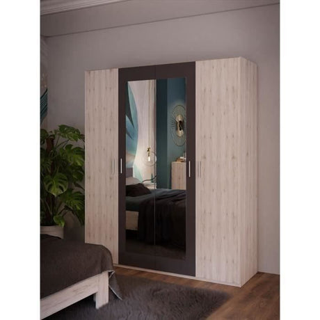 Armoire  ADRIA - 4 portes battantes - 2 miroirs - L177,5 x P54,2 x H210,5 cm - Décor Chene cendré
