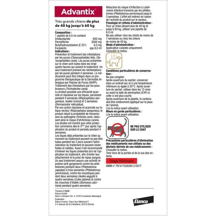 Advantix Chien Solution Antiparasitaire Tres Grande Race 40 a 60kg 4 pipettes