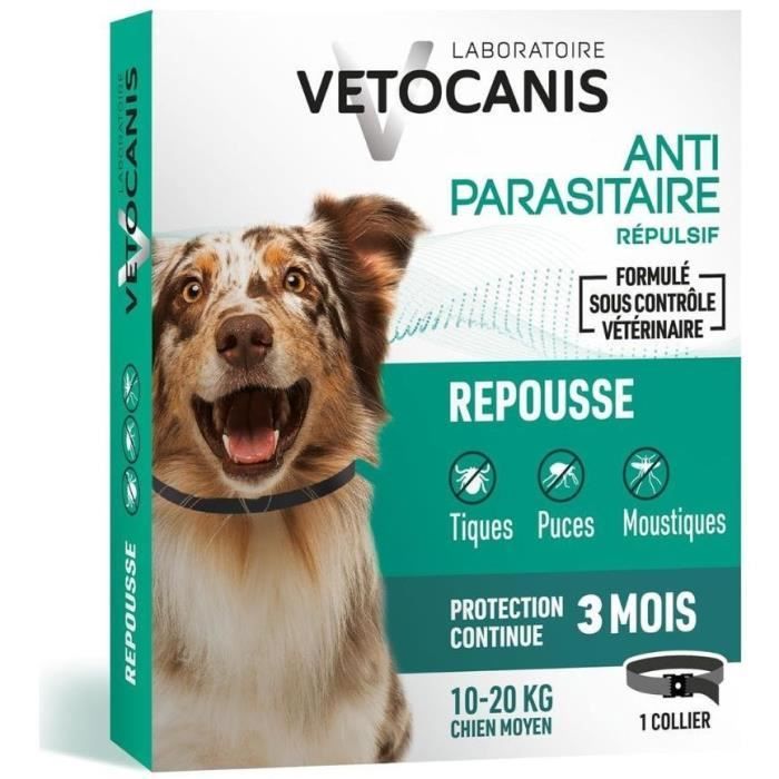 Collier répulsif puces tiques et moustiques - VETOCANIS - Chien de 10 a 20 kg - Extraits Naturels Margosa et Lavandin (Lot de 2)