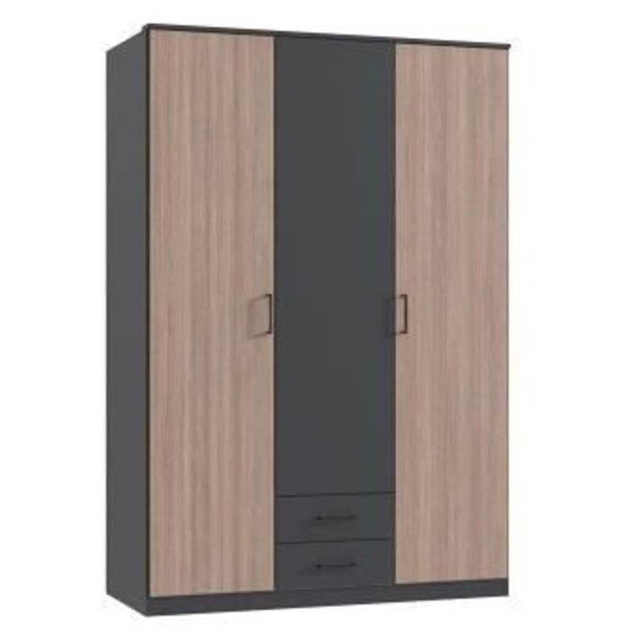 Armoire AGIA - 3 portes battantes + 2 tiroirs - Décor anthracite et chene - L135 x H199 x P58 cm
