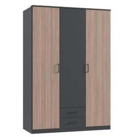 Armoire AGIA - 3 portes battantes + 2 tiroirs - Décor anthracite et chene - L135 x H199 x P58 cm