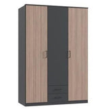 Armoire AGIA - 3 portes battantes + 2 tiroirs - Décor anthracite et chene - L135 x H199 x P58 cm