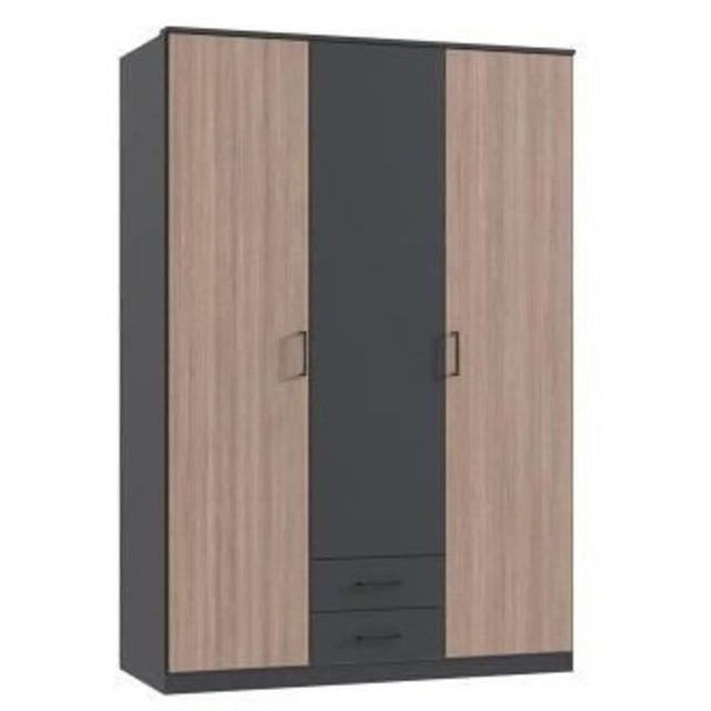Armoire AGIA - 3 portes battantes + 2 tiroirs - Décor anthracite et chene - L135 x H199 x P58 cm