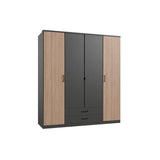 Armoire AGIA - Décor gris et chene - 4 portes battantes + 2 tiroirs - L180 x H199 x P58 cm