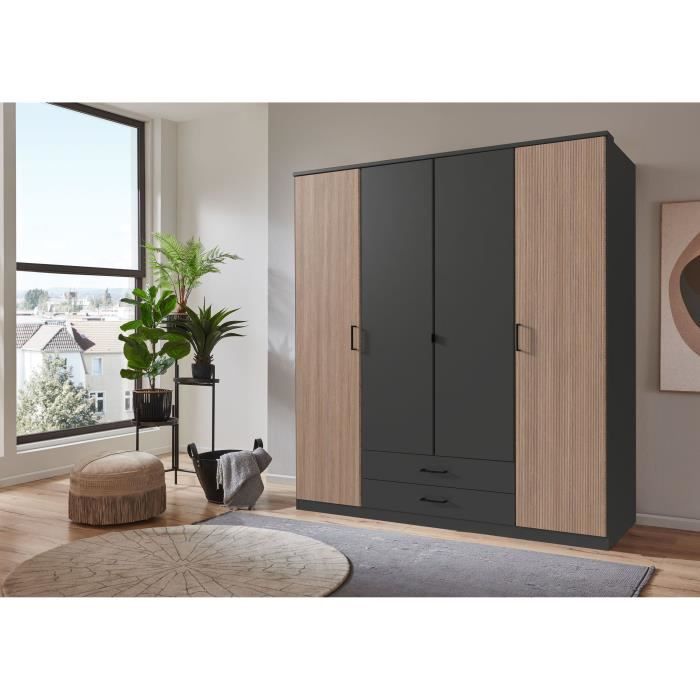 Armoire 4 portes battantes + 2 tiroirs - Gris et chene - L180 x H199 x P58 cm - AGIA