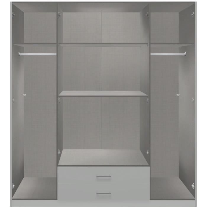 Armoire AGIA - Décor gris et chene - 4 portes battantes + 2 tiroirs - L180 x H199 x P58 cm