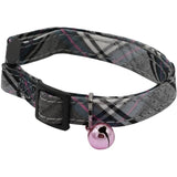 Collier pour chat - AIME - Tartan rose - Jean bleu, fleur caramel, grelot doré