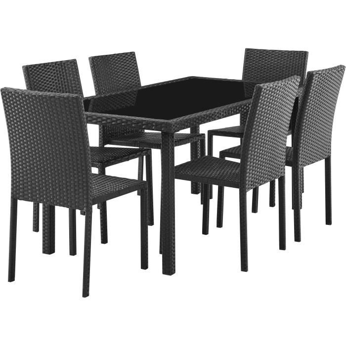 Ensemble repas de jardin - table en verre trempÈ et 6 chaises en rÈsine tressÈe noir - Table 160x80x73 cm - Chaise : 44x54x88 cm