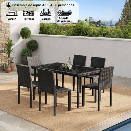 Ensemble repas de jardin - AKELA - Plateau verre trempé + Chaises résine tressée - Table 160x80 cm - Noir - 6 personnes