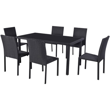 Ensemble repas de jardin - AKELA - Plateau verre trempé + Chaises résine tressée - Table 160x80 cm - Noir - 6 personnes