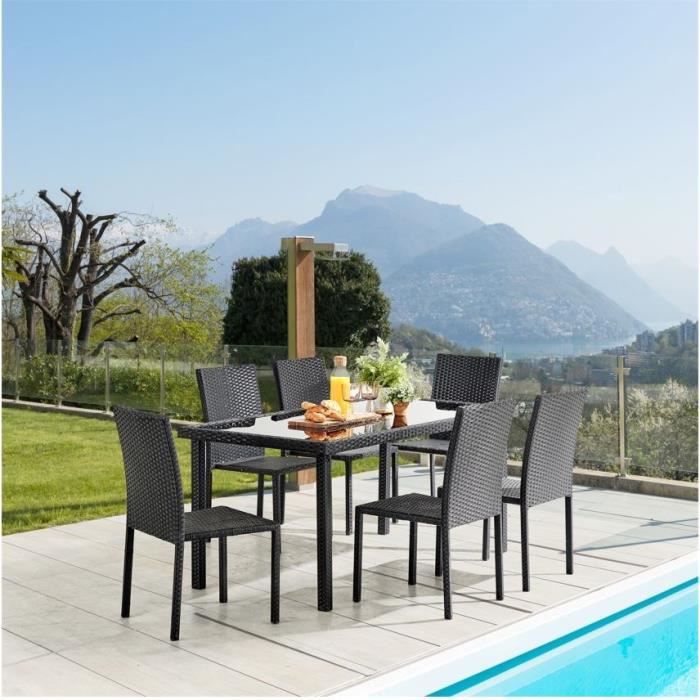 Ensemble repas de jardin - table en verre trempÈ et 6 chaises en rÈsine tressÈe noir - Table 160x80x73 cm - Chaise : 44x54x88 cm