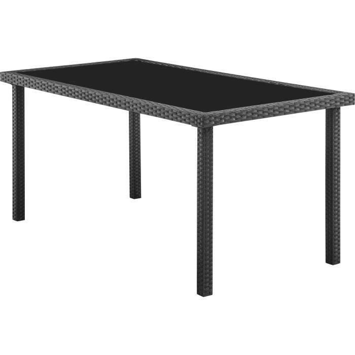 Ensemble repas de jardin - table en verre trempÈ et 6 chaises en rÈsine tressÈe noir - Table 160x80x73 cm - Chaise : 44x54x88 cm