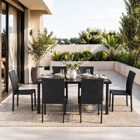 Ensemble repas de jardin - AKELA - Plateau verre trempé + Chaises résine tressée - Table 160x80 cm - Noir - 6 personnes