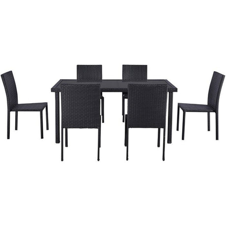 Ensemble repas de jardin - AKELA - Plateau verre trempé + Chaises résine tressée - Table 160x80 cm - Noir - 6 personnes