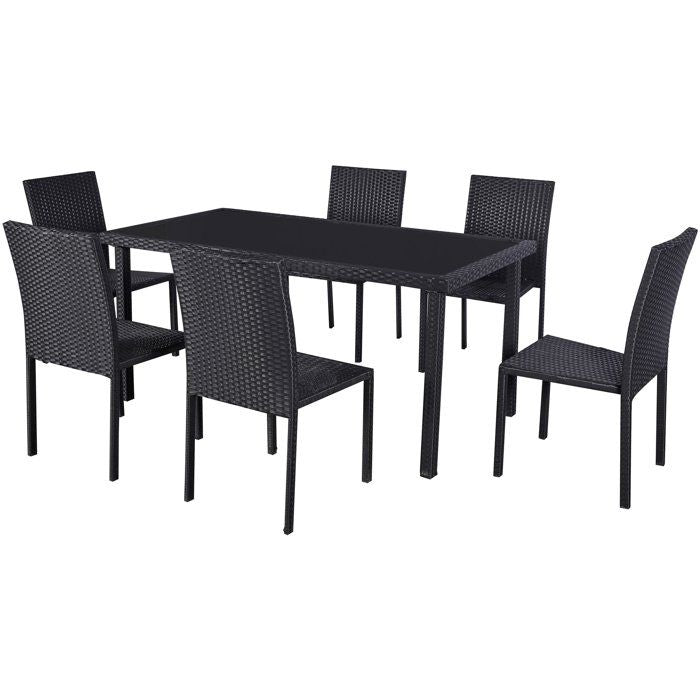 Ensemble repas de jardin - AKELA - Plateau verre trempé + Chaises résine tressée - Table 160x80 cm - Noir - 6 personnes