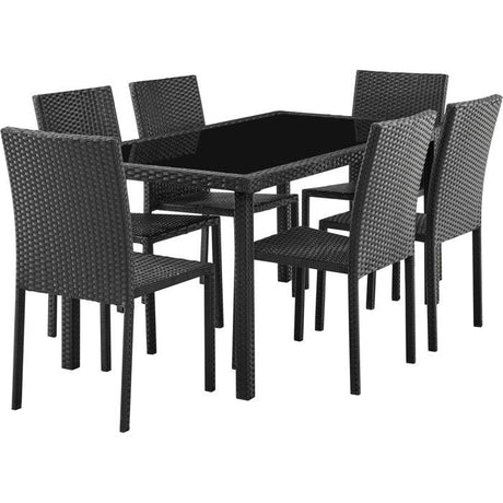 Ensemble repas de jardin - AKELA - Plateau verre trempé + Chaises résine tressée - Table 160x80 cm - Noir - 6 personnes