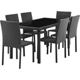 Ensemble repas de jardin - AKELA - Plateau verre trempé + Chaises résine tressée - Table 160x80 cm - Noir - 6 personnes