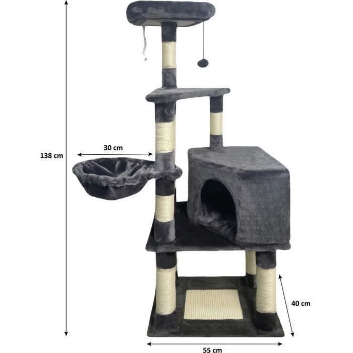 SWIFTY Arbre a chat - 55 x 40 x 138 cm - Gris foncé - 3 plateformes, 1 perchoir, 1 niche, poteaux a griffer