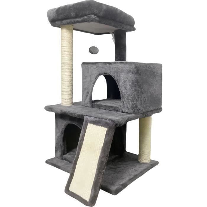 FLOPI Arbre a chat gris foncÈ- 44,5 x 48 x 86 cm - Gris foncÈ - 1 plateforme, 1 balle de jeu, 2 niches, 1 rampe