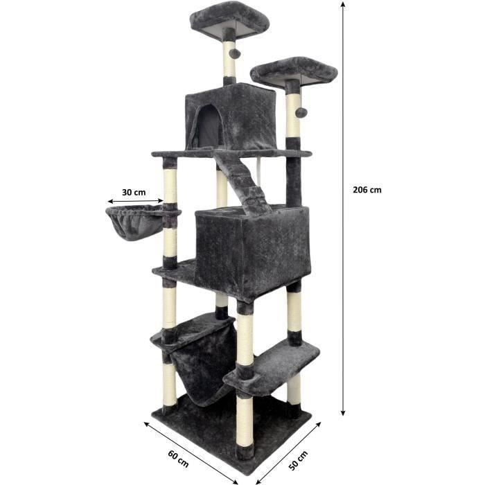 TAYLOR Arbre a chat - 60 x 50 x 206 cm - Gris foncÈ -  2 plateformes, 1 perchoir, 2 cabanes, 1 hamac