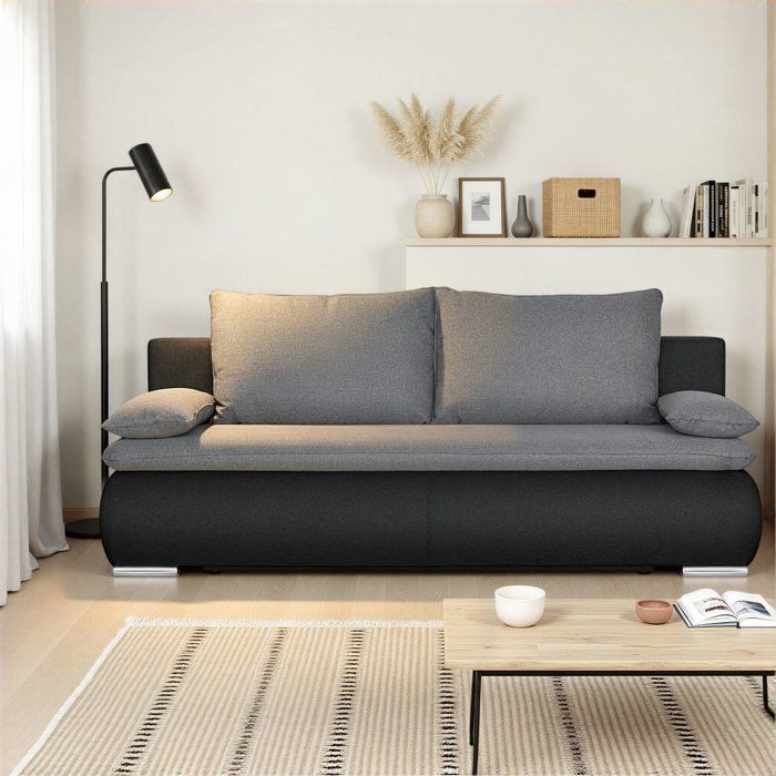 Canapé convertible - 3 places - ALAN - Tissu Gris clair / Anthracite - Coffre - 203 x 89 x 99 cm