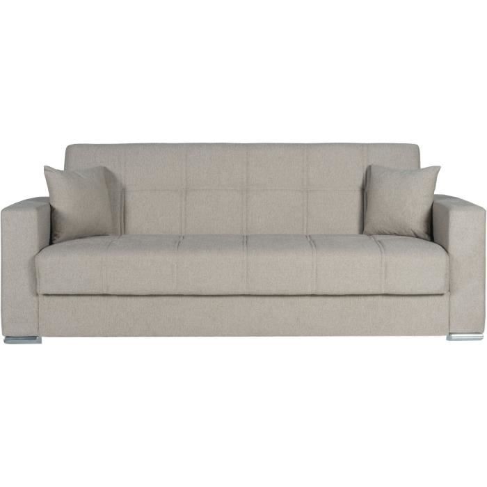 Canapé convertible 3 places  - ALBA - Tissu beige - 2 coussins - Coffre de rangement - 226 x 85 x 92 cm