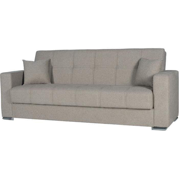 Canapé convertible 3 places  - ALBA - Tissu beige - 2 coussins - Coffre de rangement - 226 x 85 x 92 cm