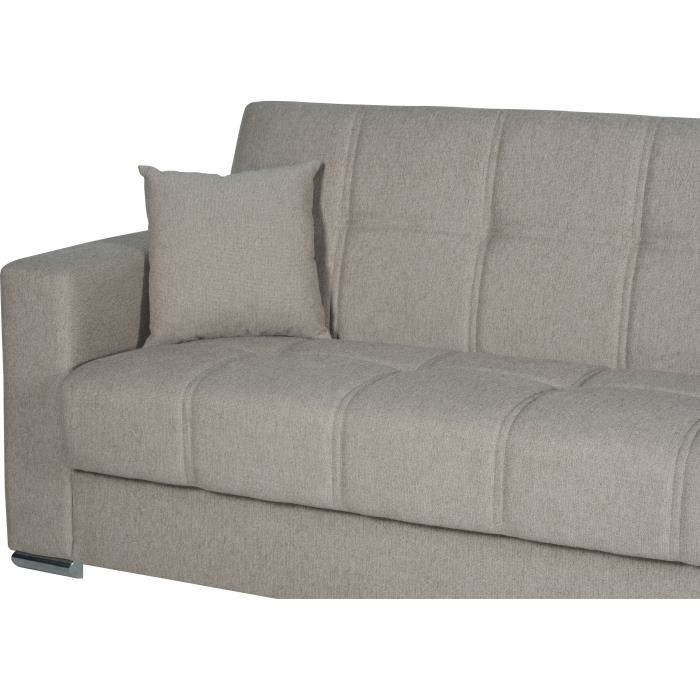 Canapé convertible 3 places  - ALBA - Tissu beige - 2 coussins - Coffre de rangement - 226 x 85 x 92 cm