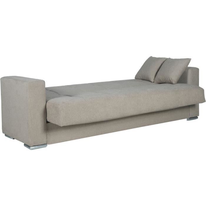 Canapé convertible 3 places  - ALBA - Tissu beige - 2 coussins - Coffre de rangement - 226 x 85 x 92 cm