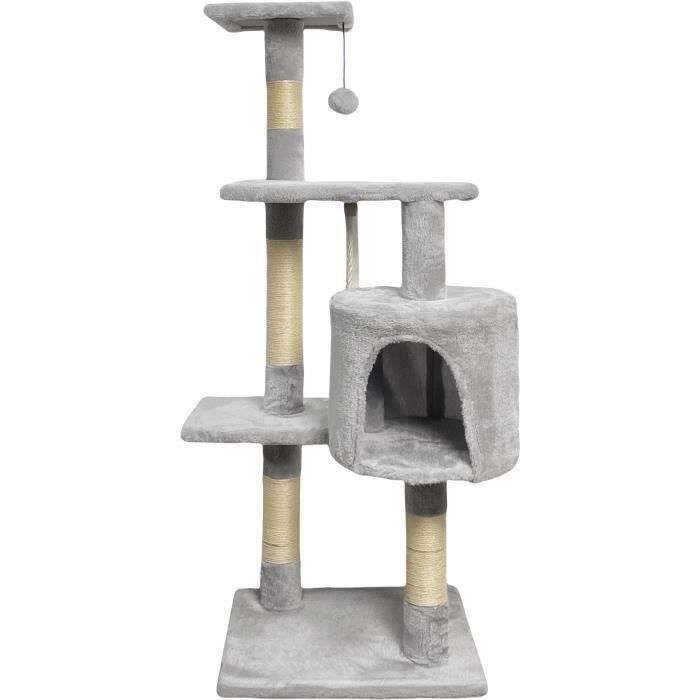 PALOMA Arbre a chat gris  40 x 40 x 114cm -  3 plateformes, 1 corde, 1 niche , poteaux a griffer