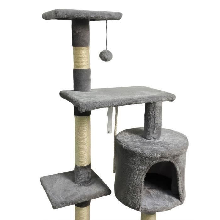 PALOMA Arbre a chat gris foncÈ 40 x 40 x 114cm -  3 plateformes, 1 corde, 1 niche , poteaux a griffer