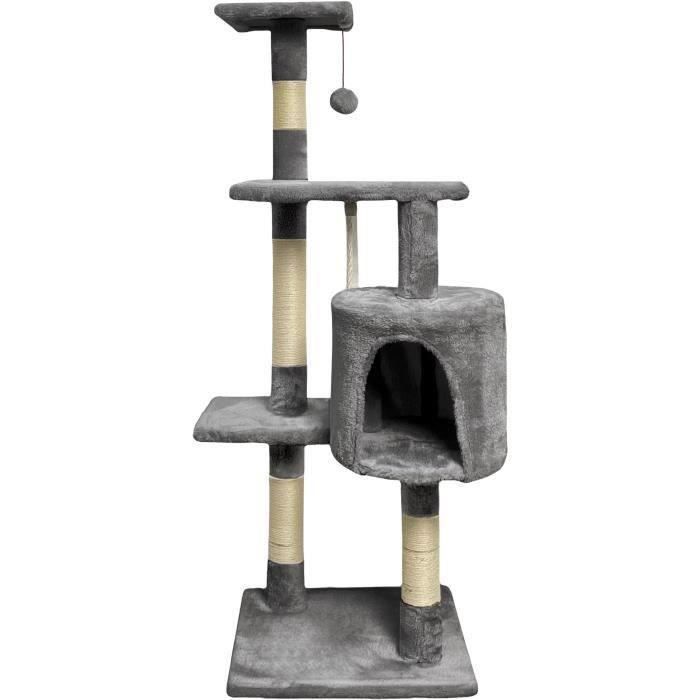 PALOMA Arbre a chat gris foncé 40 x 40 x 114cm -  3 plateformes, 1 corde, 1 niche , poteaux a griffer