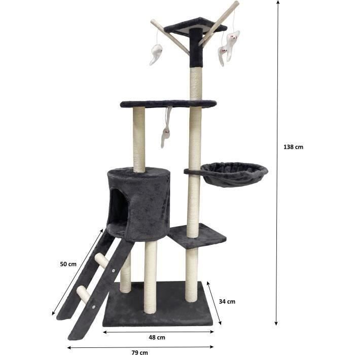 JIPSY Arbre a chat gris foncé  79 x 34 x 138 cm - 3 plateformes, 1 perchoir, 1 niche,  1 escalier, poteaux a griffer