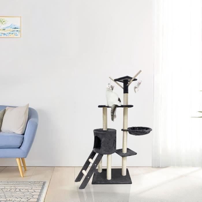 JIPSY Arbre a chat gris foncé  79 x 34 x 138 cm - 3 plateformes, 1 perchoir, 1 niche,  1 escalier, poteaux a griffer