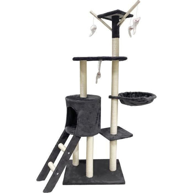 JIPSY Arbre a chat gris foncé  79 x 34 x 138 cm - 3 plateformes, 1 perchoir, 1 niche,  1 escalier, poteaux a griffer