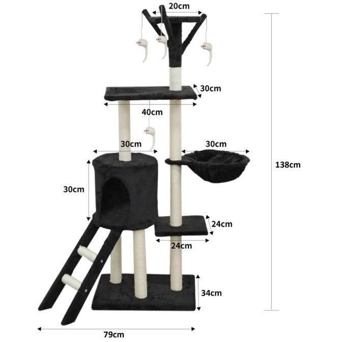 JIPSY Arbre a chat noir 79 x 34 x 138 cm - 3 plateformes, 1 perchoir, 1 niche,  1 escalier, poteaux a griffer