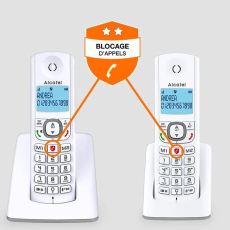Téléphone sans fil - ALCATEL - F530 Duo - 2 combinés, blocage d'appels, mains libres, 2 mémoires directes, Blanc/Gris
