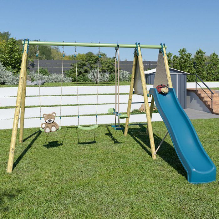 Portique balançoire bois / métal - 3 agres avec toboggan - OPTIMA 2 - ALEO BY TRIGANO
