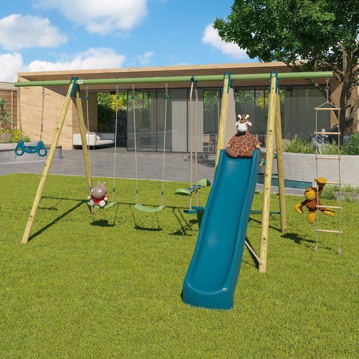 Portique balançoire bois / métal - 5 agres avec toboggan - MAKUTA 2 - ALEO BY TRIGANO