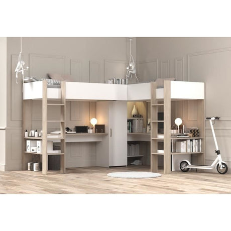 Lit double mezzanine combiné enfant ALEXANDRA avec 2 bureaux et rangements - 2x90x200 cm - Blanc/Chene - Sommiers inclus - PARISOT