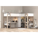 Lit double mezzanine combiné enfant ALEXANDRA avec 2 bureaux et rangements - 2x90x200 cm - Blanc/Chene - Sommiers inclus - PARISOT