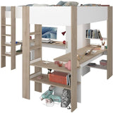 Lit double mezzanine combiné enfant ALEXANDRA avec 2 bureaux et rangements - 2x90x200 cm - Blanc/Chene - Sommiers inclus - PARISOT