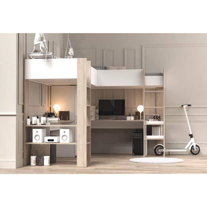 Lit double mezzanine combiné enfant ALEXANDRA avec 2 bureaux et rangements - 2x90x200 cm - Blanc/Chene - Sommiers inclus - PARISOT